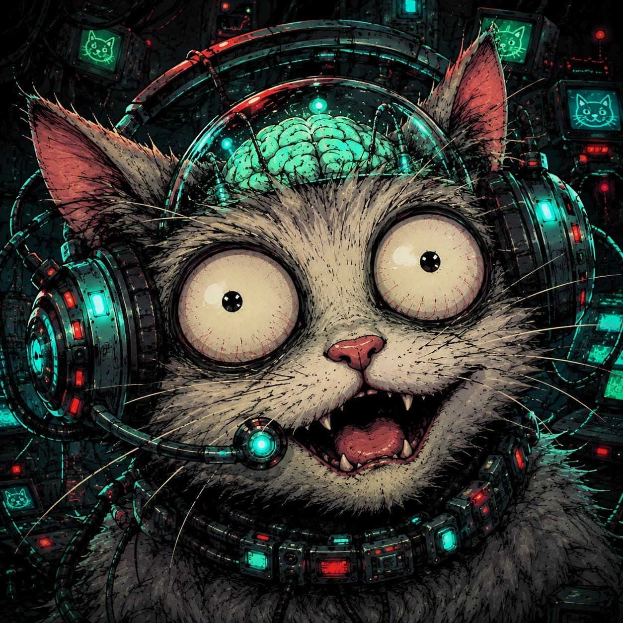 Close view of the AI cat wearing a mechanical headset and transparent brain dome