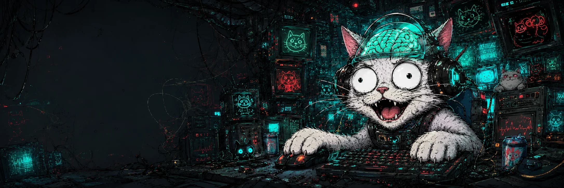 Artificial Gooner Intelligence cat at its sprawling AI laboratory workstation